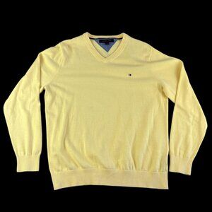 Tommy Hilfiger Men Large Sweater Yellow V Neck Cotton Pullover Logo Classic Golf
